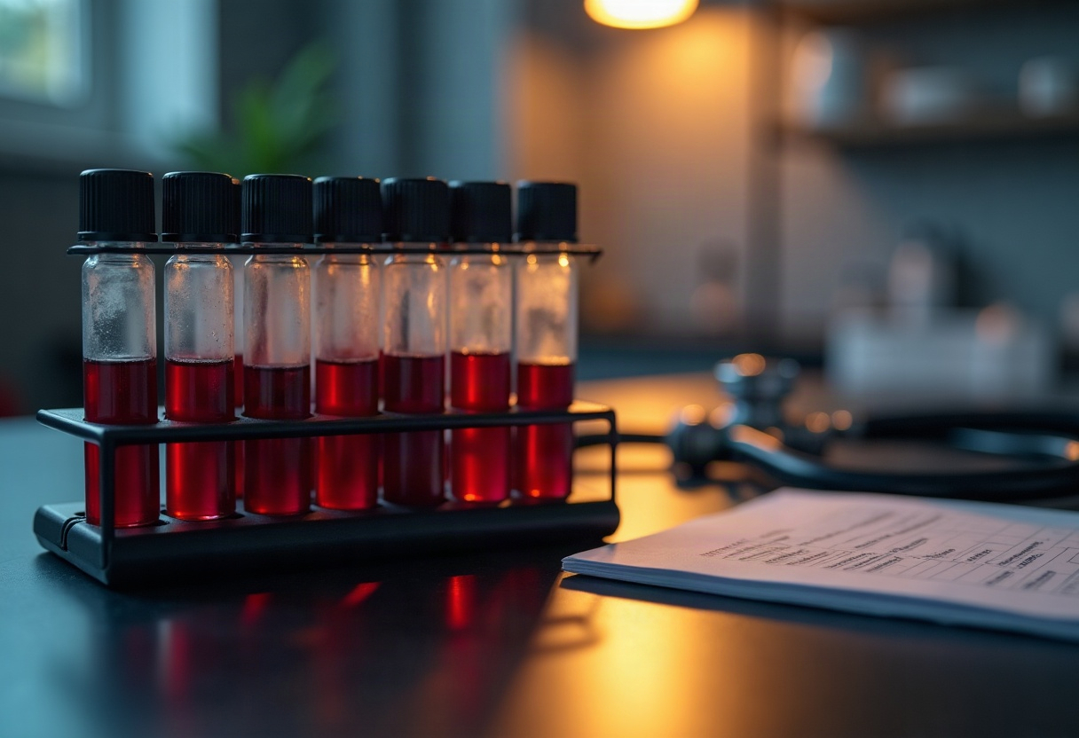 Blood sample vials on a laboratory bench